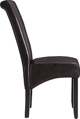 Una sedia marrone in ecopelle con schienale alto.
