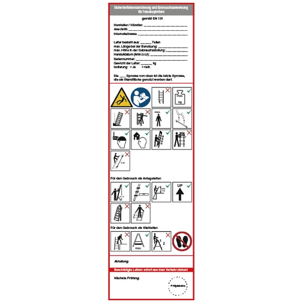 Grundplakette, Teleskopleitern, Folie, 225 x 65 mm - gem. EN 131 - 65x225 mm Folie selbstklebend