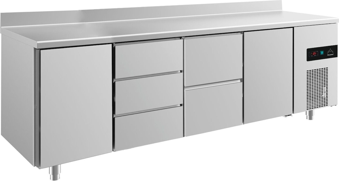 Gastro Kühltisch je 1 Tür links&rechts 3/2 Schubladen Mitte Umluftkühlung Aufkantung, 2330x700x850mm -2/+8°C Edelstahl