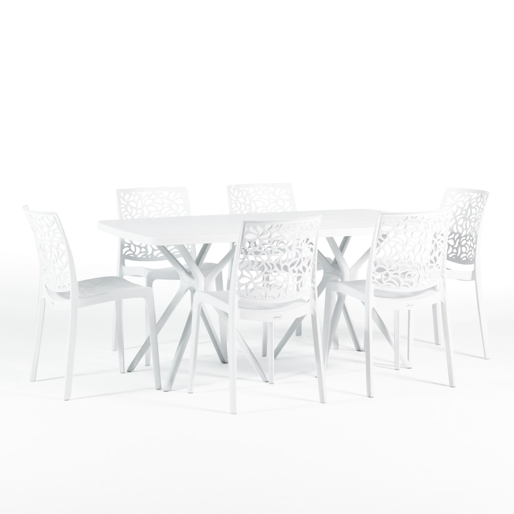 GARTEN-ESSSET OLIVER + 6 STÜHLE ANNA aus Harz mit Glasfaser, modernes und robustes Design, ideal für Garten, Terrasse oder Veranda – Weiß