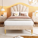 thumbnail of Luxuriöses Polsterbett 90x200 Beige mit verstellbarem Kopfteil, goldenen Eisenbeinen, stabilem Massivholzrahmen und Stauraum