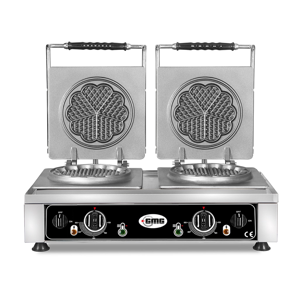 GMG - Waffeleisen Amore-S - 2x Ø 16cm - 50° bis 300°C - Feste Backplatte aus Gusseisen - Umlaufende Fettfangrinne - Gehäuse Edelstahl