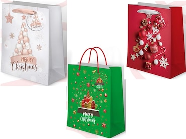 Gifty king, sacchetti regalo di natale taglia L, in carta certificata fsc 180gr, 26x34x14, confezione da 12 pezzi,  3 modelli assortiti, multicolore.
