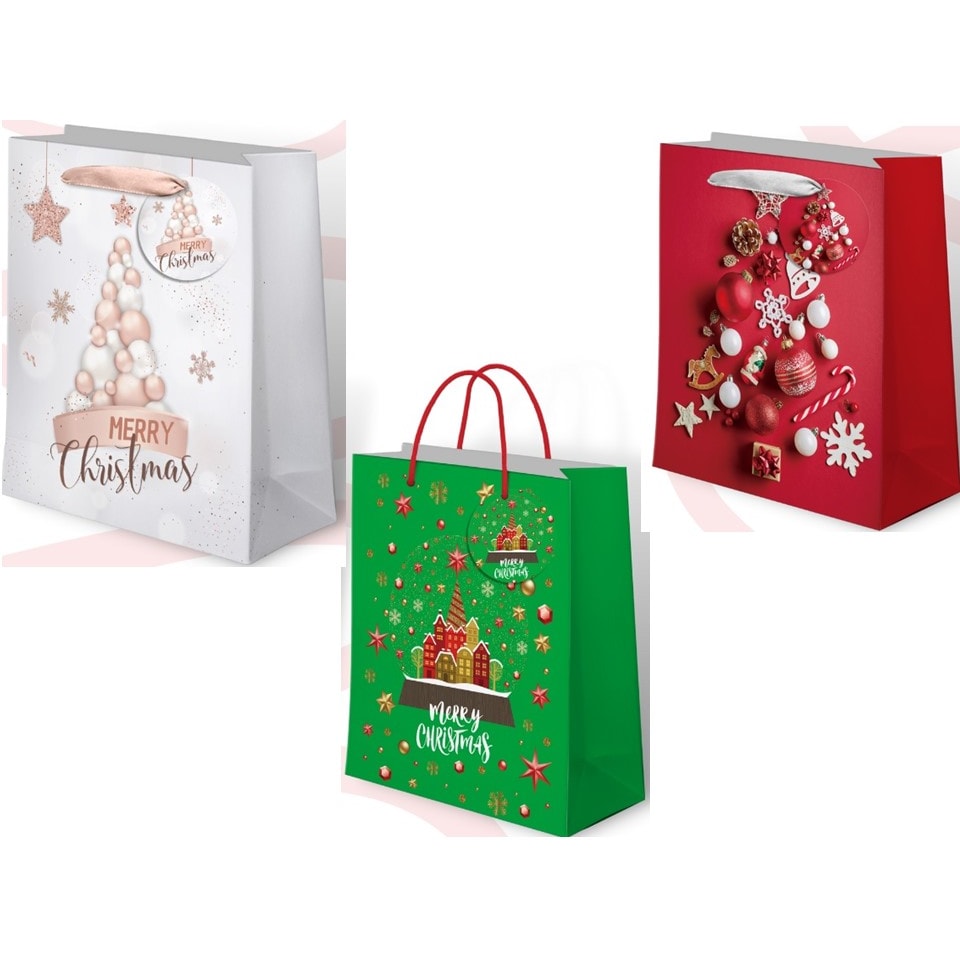 Gifty king, sacchetti regalo di natale taglia L, in carta certificata fsc 180gr, 26x34x14, confezione da 12 pezzi,  3 modelli assortiti, multicolore.