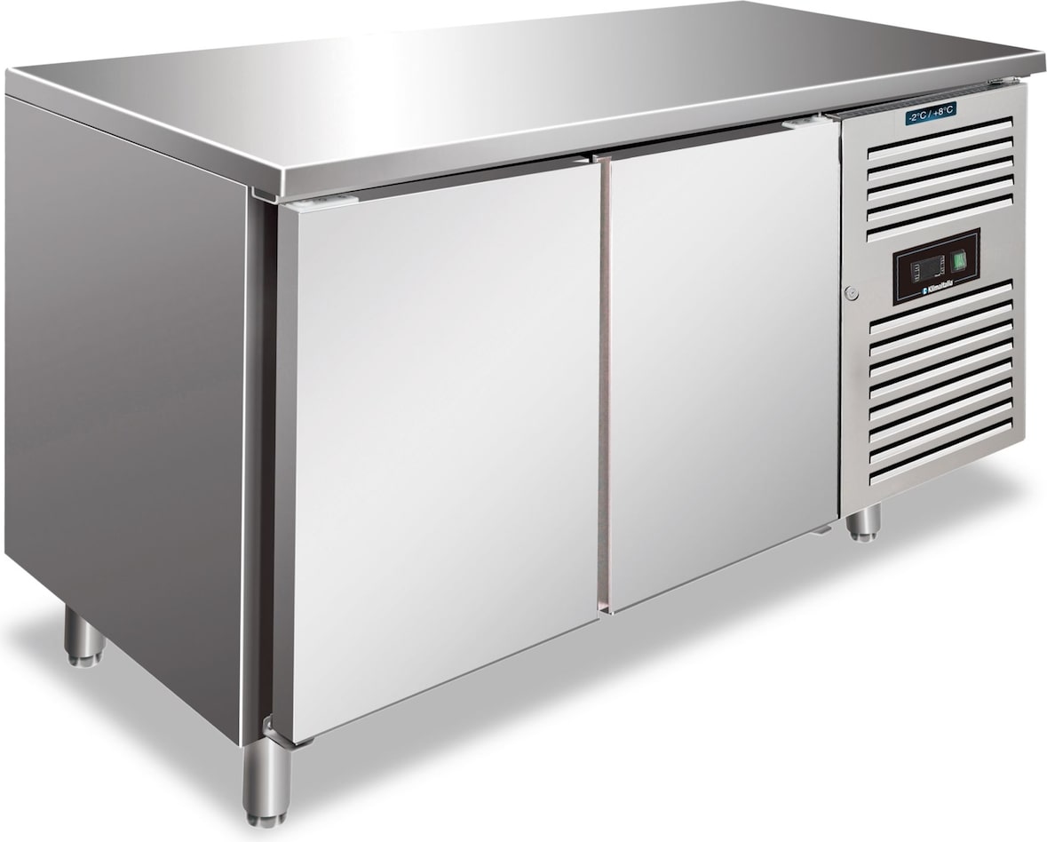 KLIMAITALIA Edelstahl-Kühltisch mit 2 Türen. Klasse B tropisiert. Automatisches Auftauen. Temperatur -2°C/+8°C.  Maße LxWxH 136x60x86 cm. SNACK2100TNF