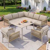 thumbnail of Merax Gartenlounge Set für 7-8 Personen, inkl. Tisch mit Holzoptik-Glasplatte, 2 Sesseln & 3 2-Sitzer-Sofas mit Seilgeflecht, Beige