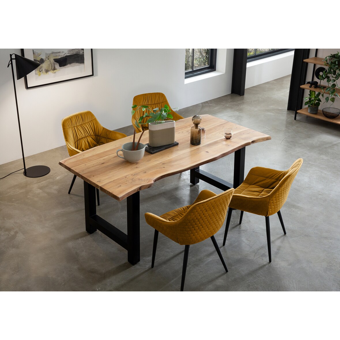 SalesFever Tischgruppe 160 x 85 cm | 5-tlg. | 35 mm Platte Akazie natur | H-Gestell Metall schwarz | 4 Stühle aus Samt | senfgelb – schwarz