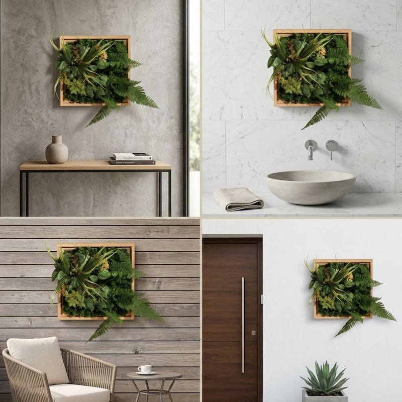 Decoración verde de pared en marco de madera.