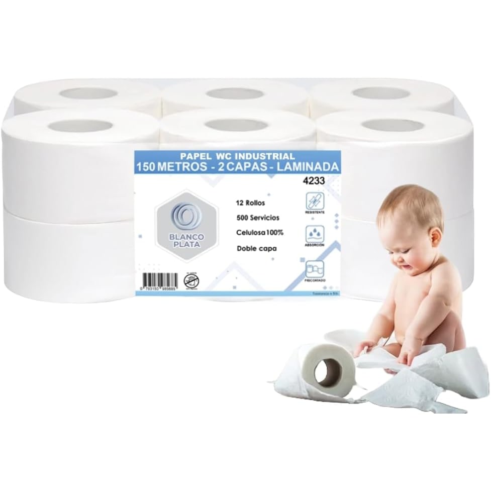 Papel Higiénico Industrial de 2 Capas 100% celulosa (12 Rollos de 150m)