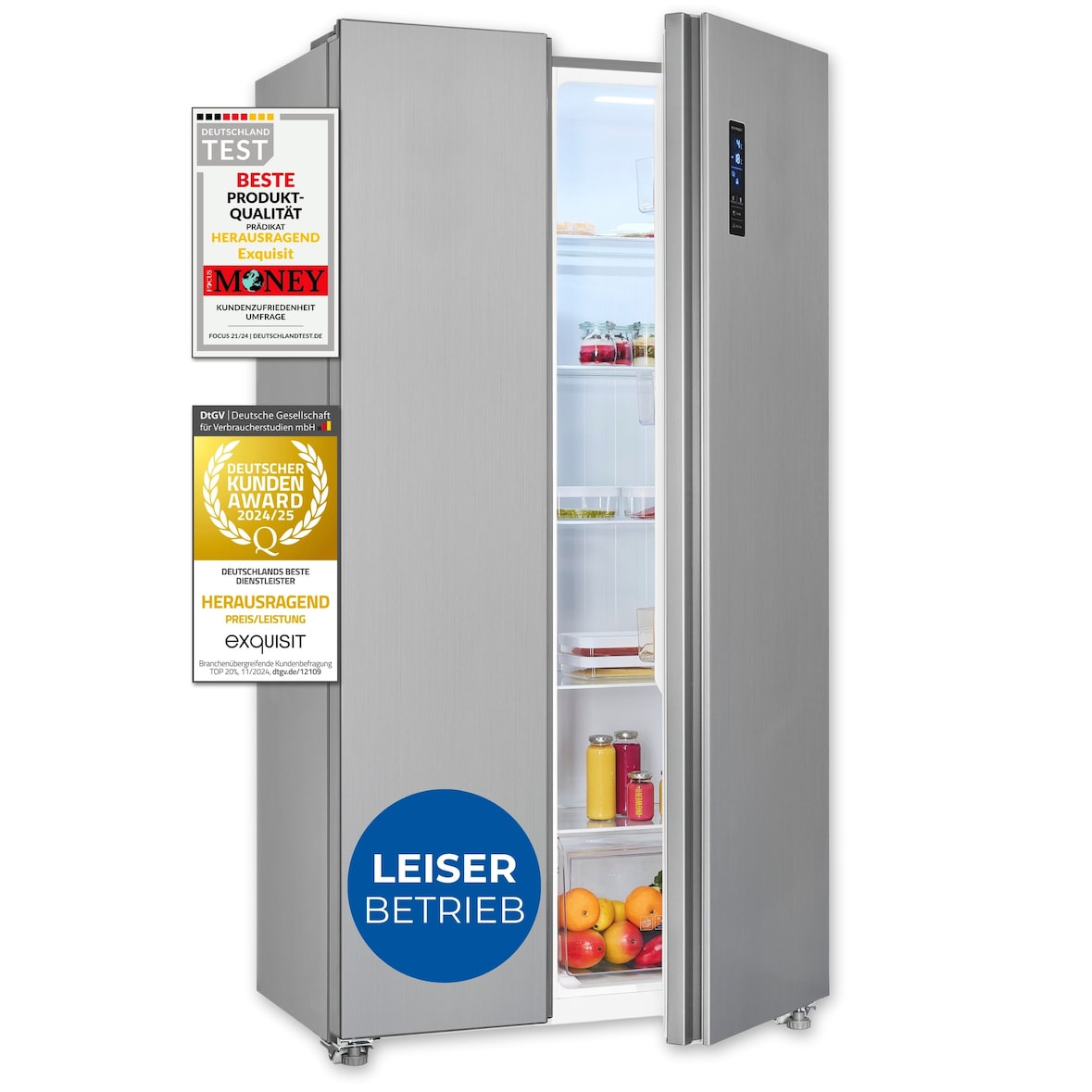 Exquisit Side-by-Side SBS546-040E inoxlook | No Frost | Nutzinhalt: 442 L | Temperaturregelung | Alarm