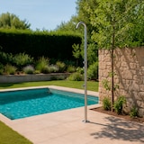 thumbnail of Ducha para piscina exterior en acero inoxidable 316 con mezclador frío-calor, desviador, chorro lavapiés y cartucho cerámico, inox satinado MPC