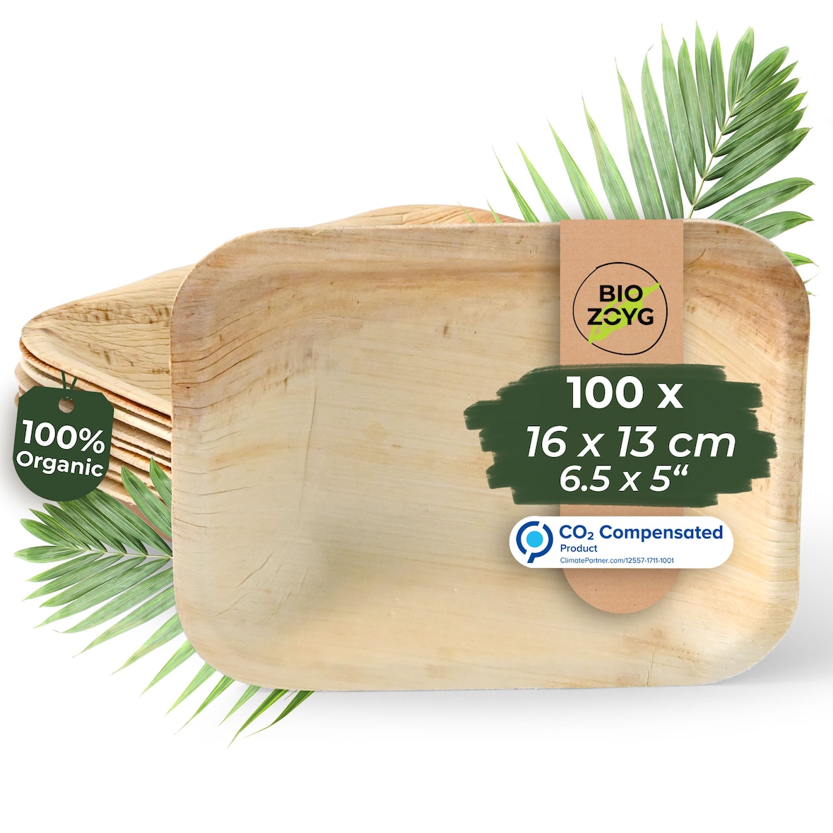 BIOZOYG 100 Stück Einweggeschirr 16x13cm, tief, Palmblatt-Teller rechteckig umweltfreundliche Einwegteller aus Palmenblättern, biologisch abbaubar