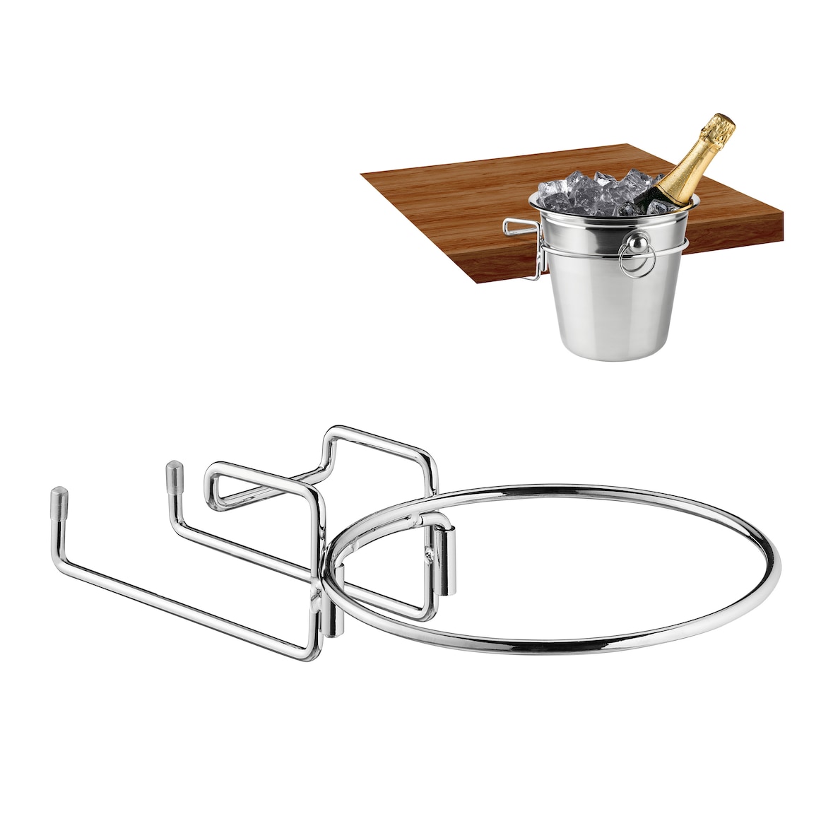 Relaxdays Sektkühlerhalter, Tischhalterung für Weinkühler mit 18cm Ø, platzsparend, Sektkübelhalterung aus Eisen, silber