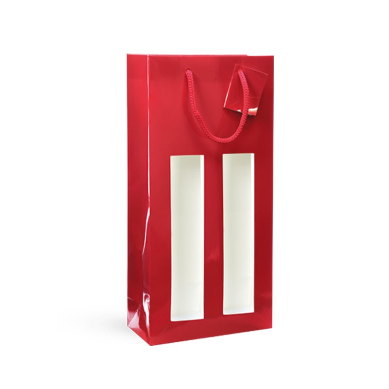 Tasche für 2 Flaschen mit Fenster aus rotem Glanzpapier mit Kordelgriffen je 100 - Gimex