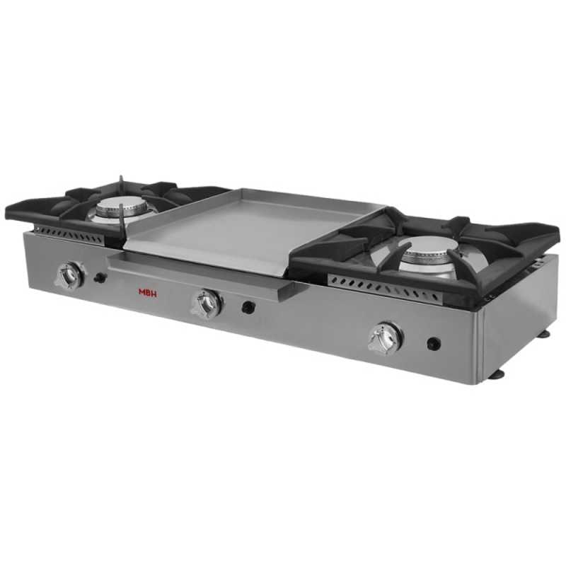 MBH - Gaskookplaat met 2 branders en 1 gelamineerde bakplaat 40 x 40 in het midden voor keuken van bar, restaurant en horeca.