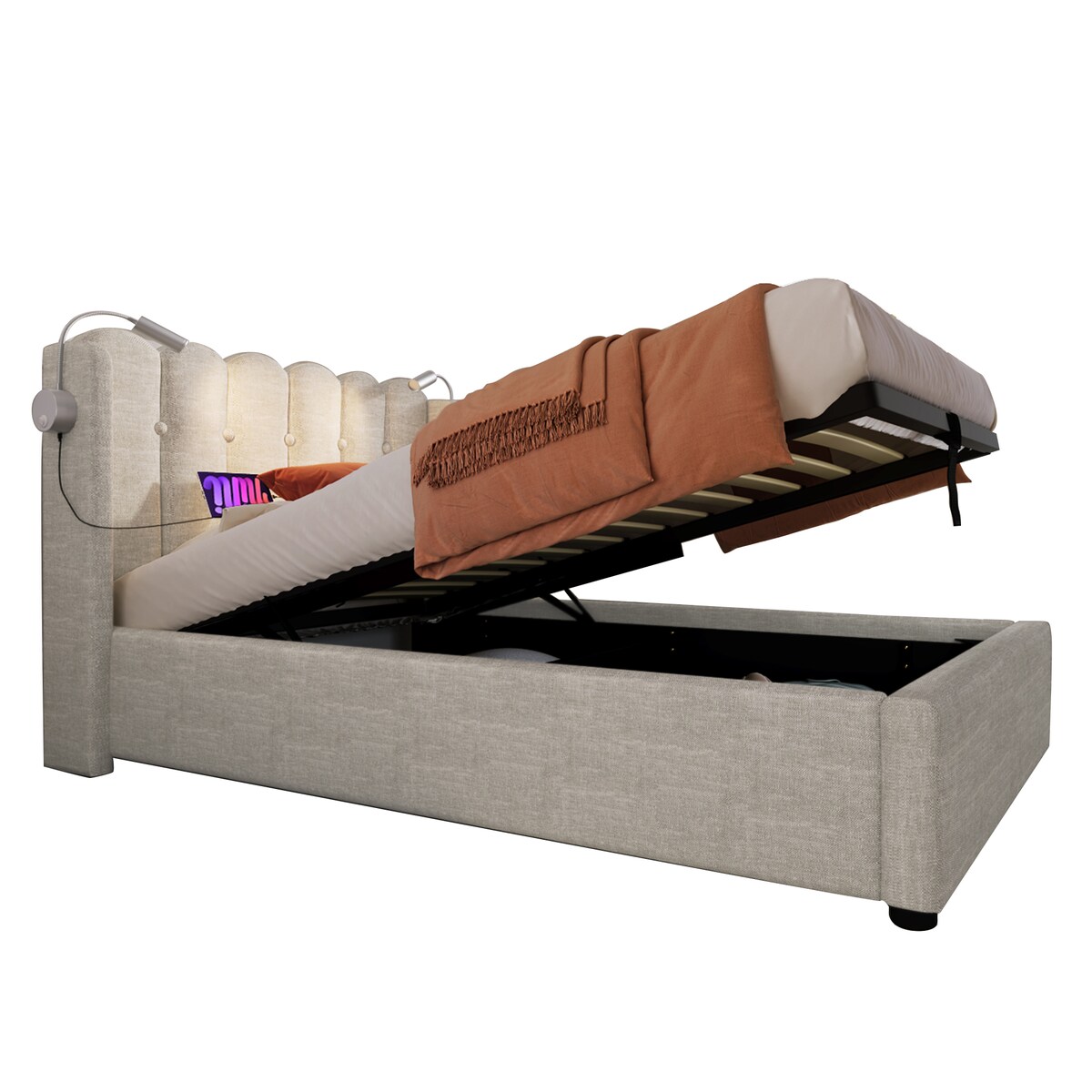 OKWISH Polsterbett mit Stauraum, Leselampe, USB-Ladefunktion, stabiler Eisenrahmen, Lattenrost, komfortables Kopfteil Einzelbett 90×200, Leinen 