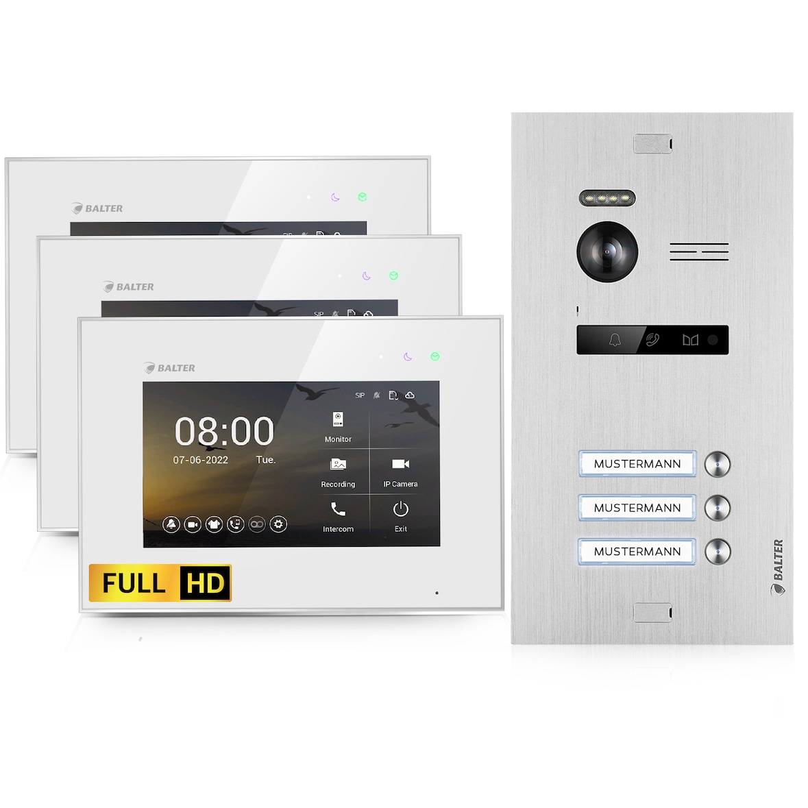 HD Video Türsprechanlage für 3 Familienhaus, 3x Monitor, Balter EVO HD