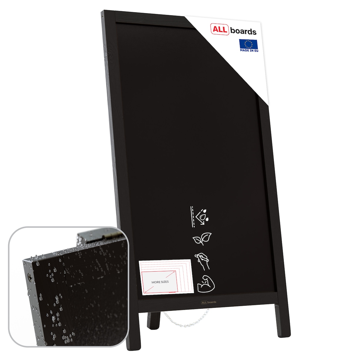 ALLboards Chevalet stop-trottoir étanche noir avec une surface à craie – 78×44 cm – support publicitaire