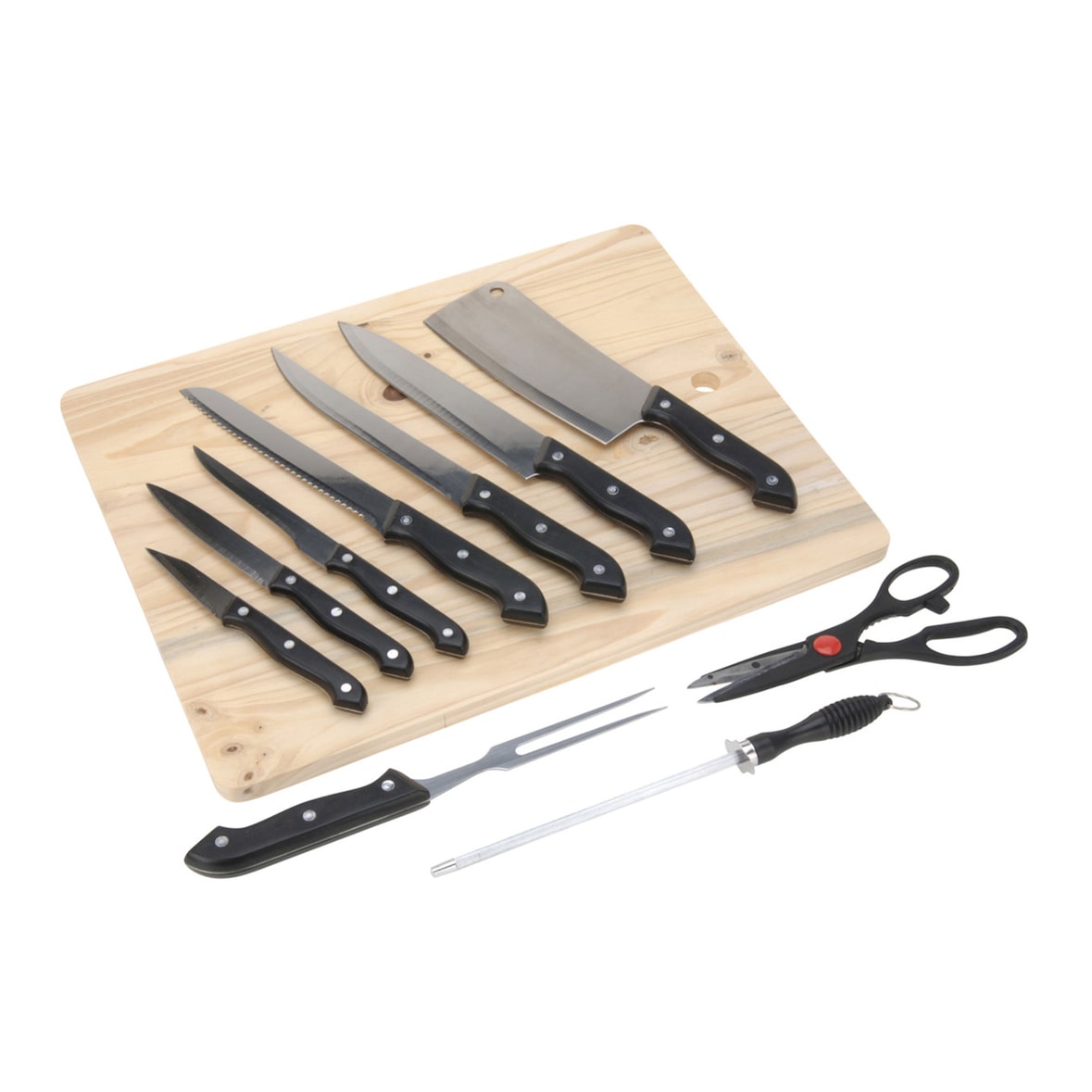 WellHome - 11-delige messenset met acetaathoes en houten plank