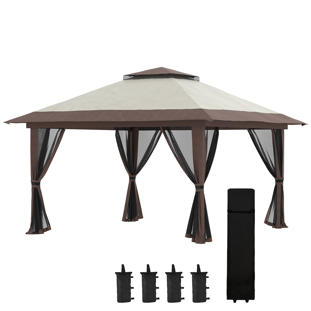 Outsunny Tenda Dobrável Pop-UP 3,92x3,92x2,83 m com Altura Ajustável Proteção UV50+ Rede Mosquiteira e Bolsa de Transporte Bege e Marrom