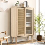 thumbnail of Merax 100 cm hohes holzfarbenes Sideboard mit Kunststoff-Rattantüren und Schiebetüren aus Glas, mit 6 Fächern hinter den Türen