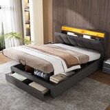 thumbnail of Stylisches LED-Bett 140x190 mit Leinenoptik – Graues Polsterbett mit verstellbarer Beleuchtung, Lattenrost stabiler MDF-Rahmen Grau