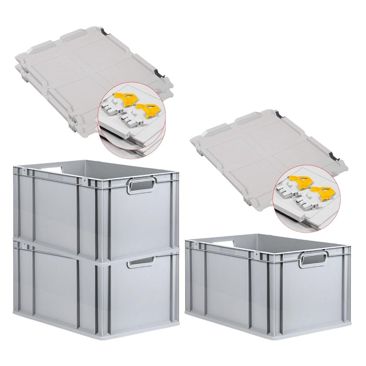 PROREGAL SuperSparSet 3x Eurobox NextGen Economy mit Scharnierdeckel & gelben Verschlüssen, Griffe offen, HxBxT 32x40x60cm, 65L, Eurobehälter, Box
