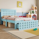thumbnail of Einzelbett 90x200 aus Massivholz mit Stauraum und Schublade, Holzbett im kreativen Blockdesign, stabiles Bett mit Lattenrost, modernes Design Blau