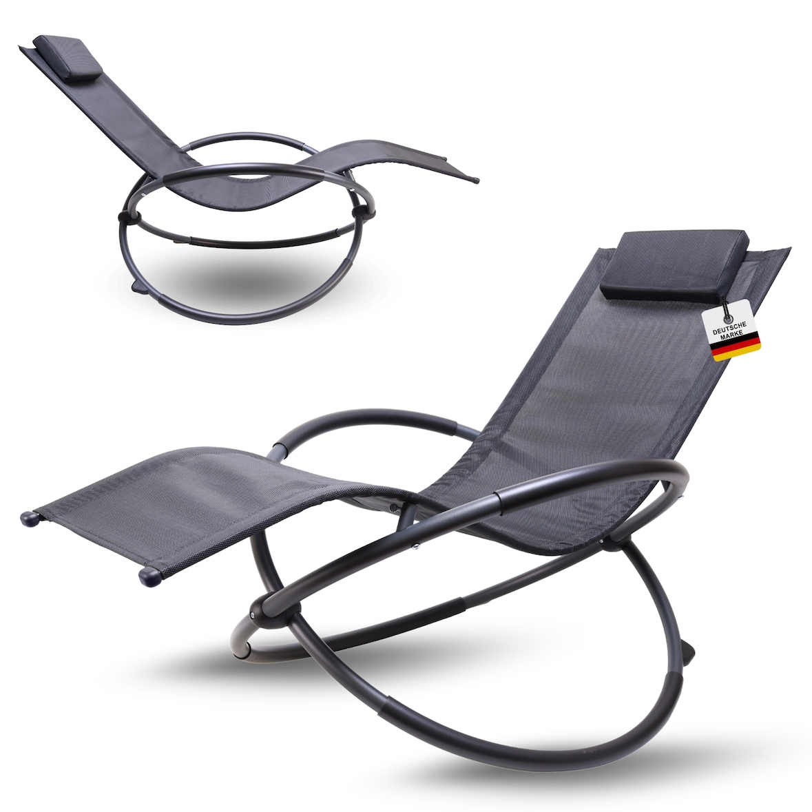 Premium Gartenliege X-FORM | Schwungliege Relaxliege Gartenstuhl| mit Kopfkissen | wetterfest ergonomisch Relaxsessel | belastbar bis 160Kg