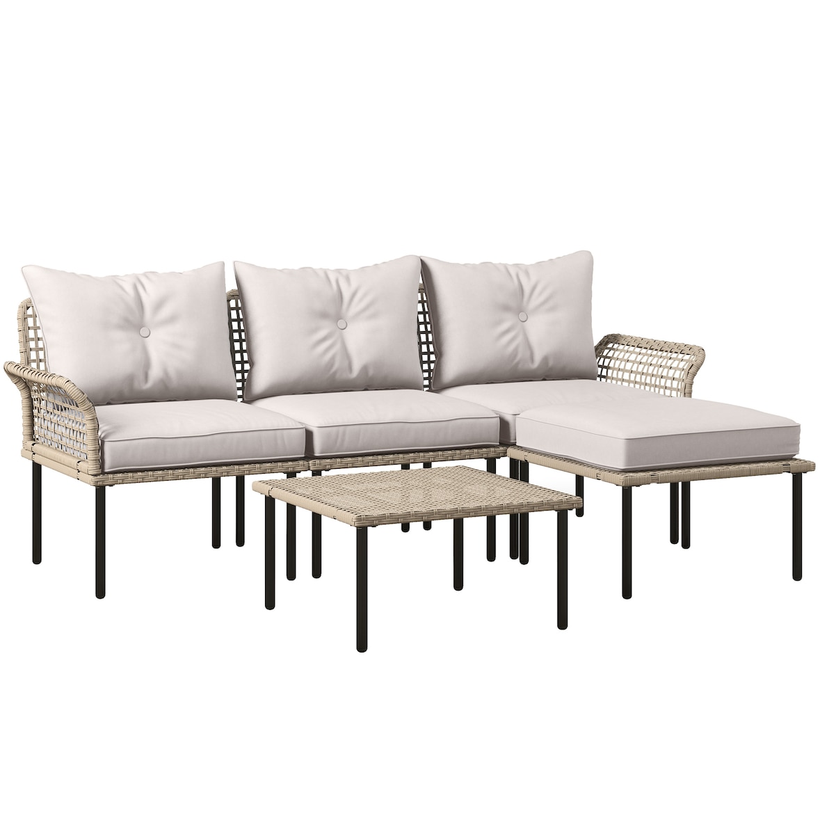 Outsunny conjunto de jardín exterior de ratán sintético de 5 piezas incluye 2 sofás esquineras 1 sofá de exterior 1 taburete 1 mesa de centro crema