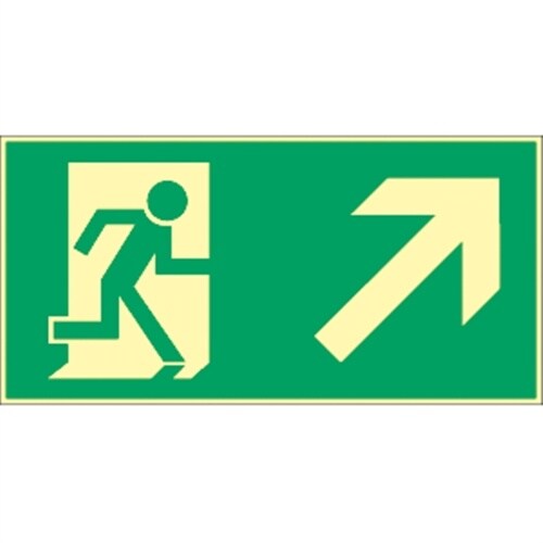 Schild Rettungsweg rechts aufwärts, Kunststoff, langnachleuchtend, 160-mcd, 297x148 mm