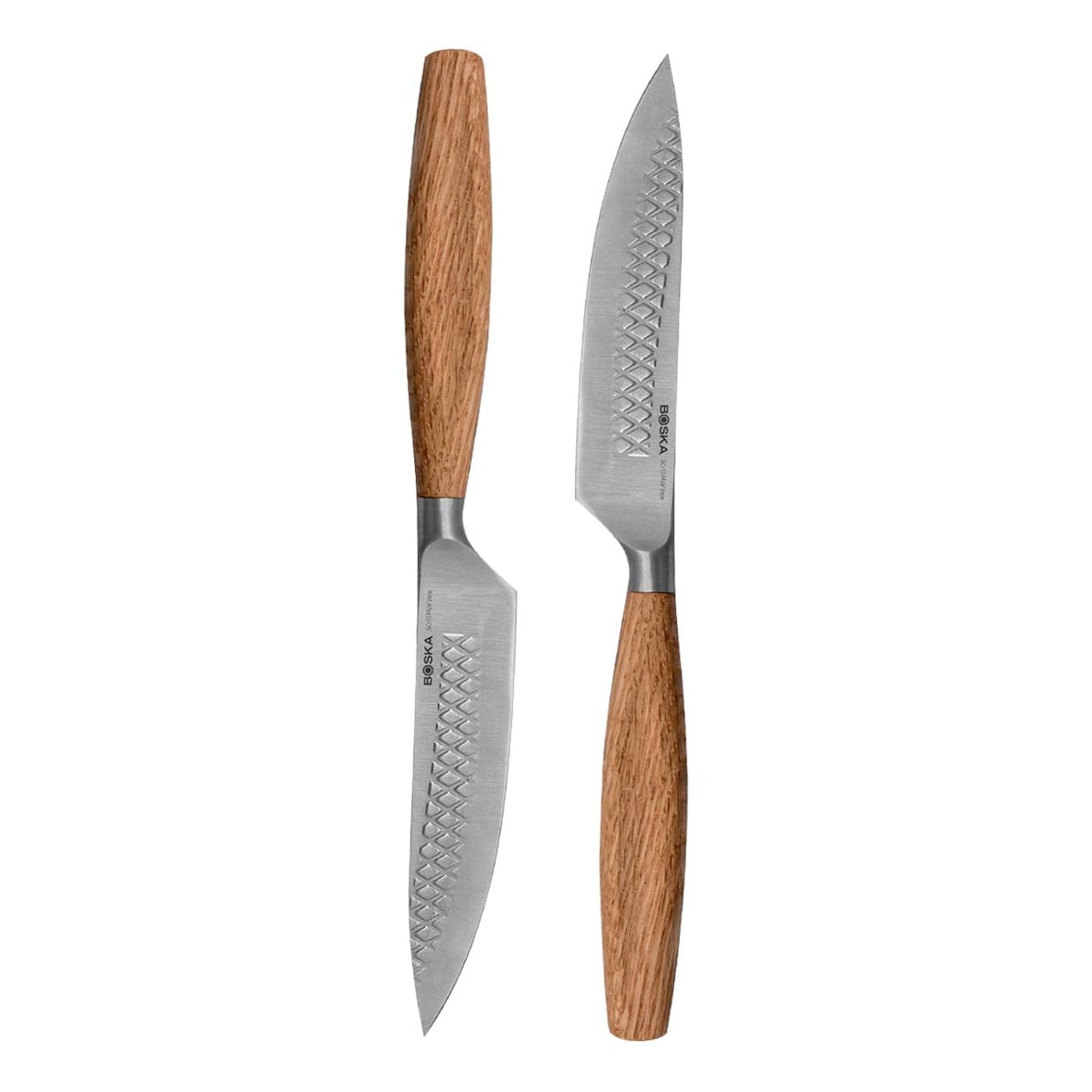 Boska Steakmesser-Set Oslo+ / 2er-Set / Edelstahl-Messerset / Zum Schneiden von Fleisch(ersatz), Fisch, Gemüse / Non-stick / Europäisches Eichenholz