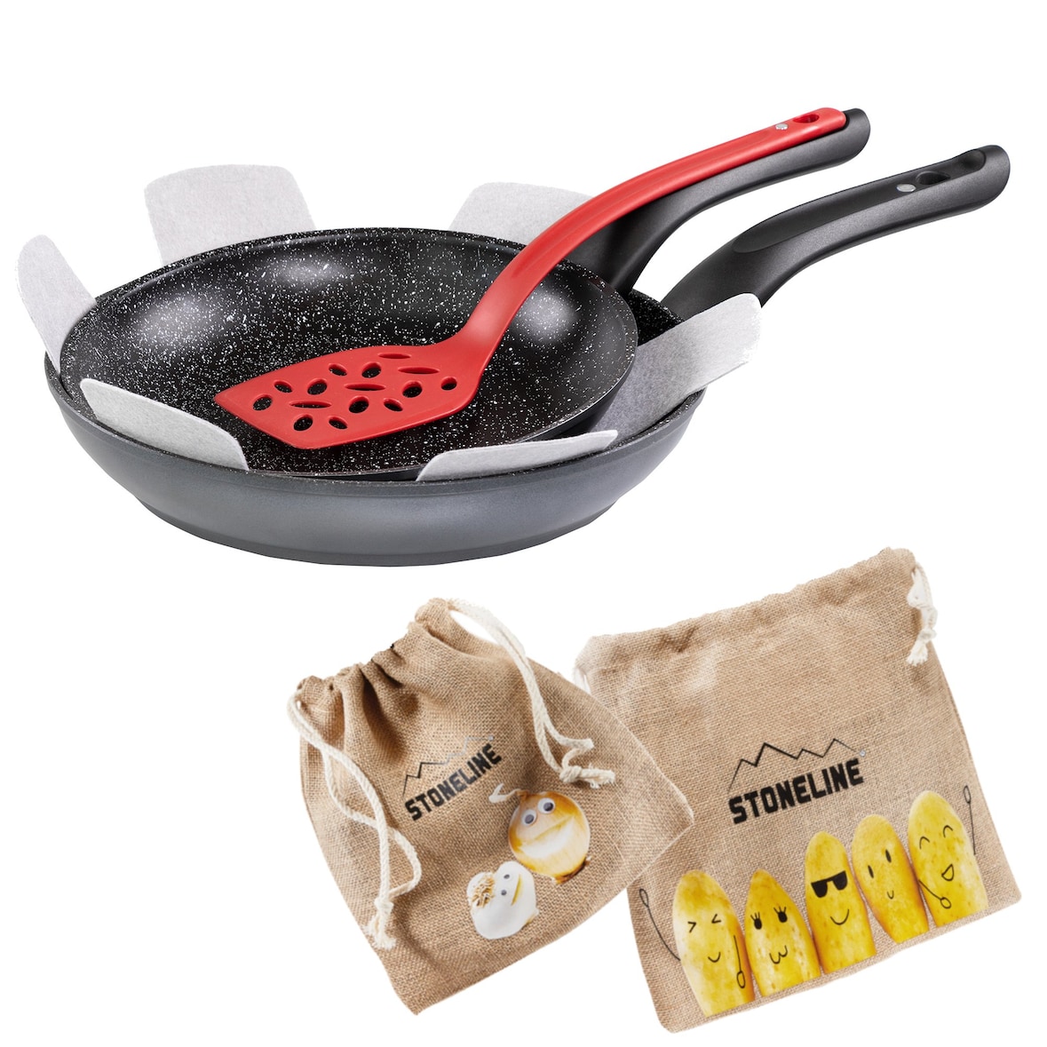 STONELINE Made in Germany 6tlg. Pfannen-Set 24/28cm m. Magnet-Griff, inkl. Wender und Vliespfannenschutz