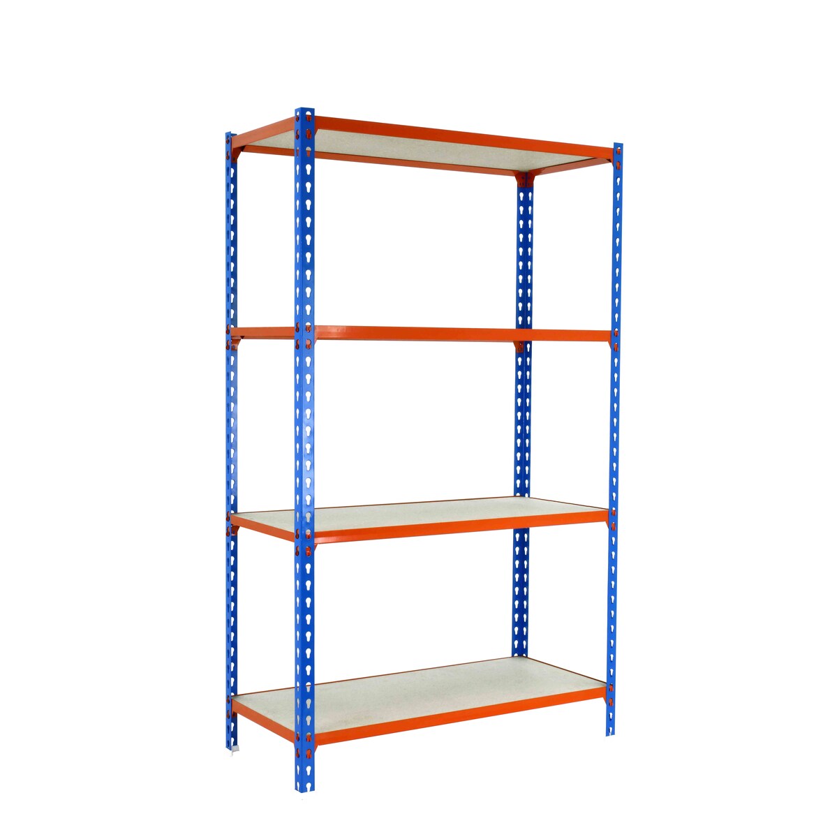 Maderclick schraubenloses Metallregal 4 Böden. Farbe blau/orange/holz 1500x1200x400 mm