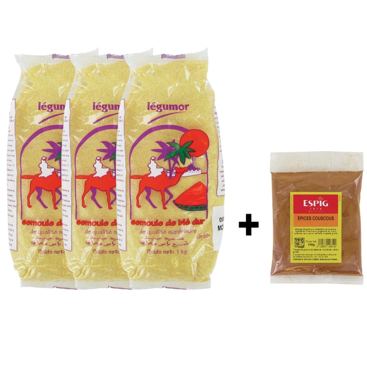 Semoule de blé dur de qualité supérieure 1KG - Grain de taille Moyenne - Epices pour couscous offertes - Marque Légumor 3 sachets + Epices