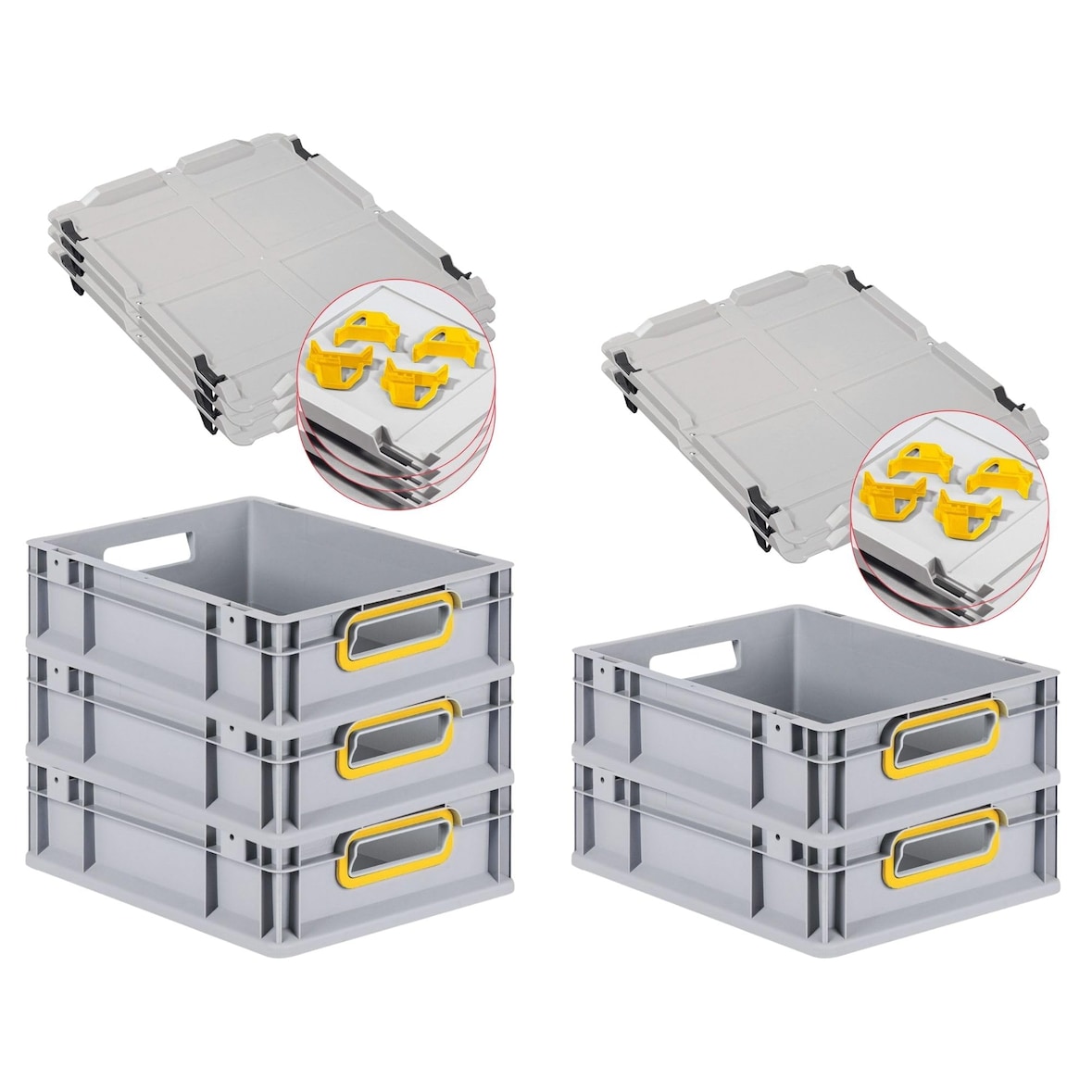 PROREGAL SparSet 5x Eurobox NextGen Color mit Auflagedeckel & Verschlüsse, HxBxT 12x30x40cm, 11L, Grau, Griffe gelb offen, Eurobehälter, Box