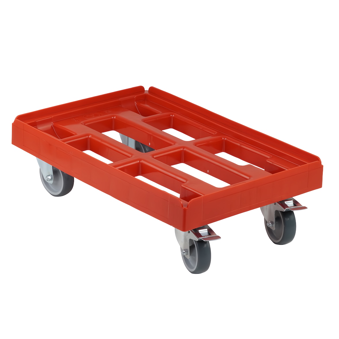 Transportroller für Kisten 60 x 40 cm mit 2 Bockrollen und 2 Bremsen rot