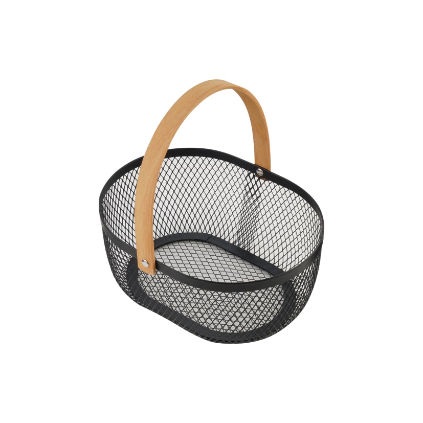 Eva panier fil noir ovale + manche en bois 24x17,5x h 10 cm
