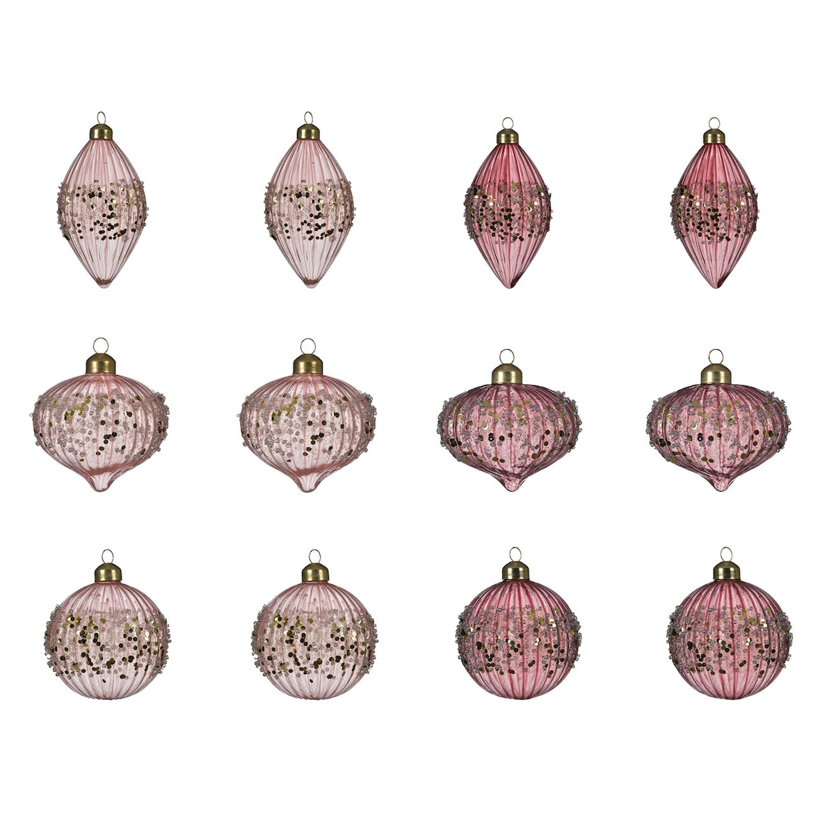 12 Weihnachtskugeln 8cm Glas Oliven Christbaumkugeln Glitzer altrosa transparent