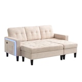 thumbnail of Multifunktionales L-Form Sofa mit Hocker, LED-Beleuchtung, USB-Anschluss, Chenille-Stoff, 500 kg belastbar, Gesamtgröße 185x135x85 cm, Beige