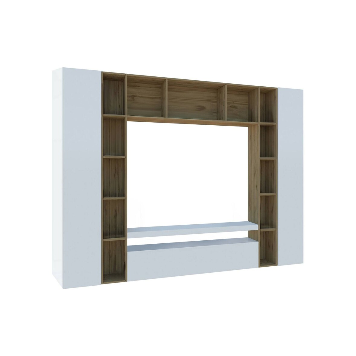 Dmora Parete attrezzata Gilberto, Set salotto porta TV a 3 ante, Mobile soggiorno multiuso, 100% Made in Italy, cm 270x35h210, Bianco lucido e Rovere