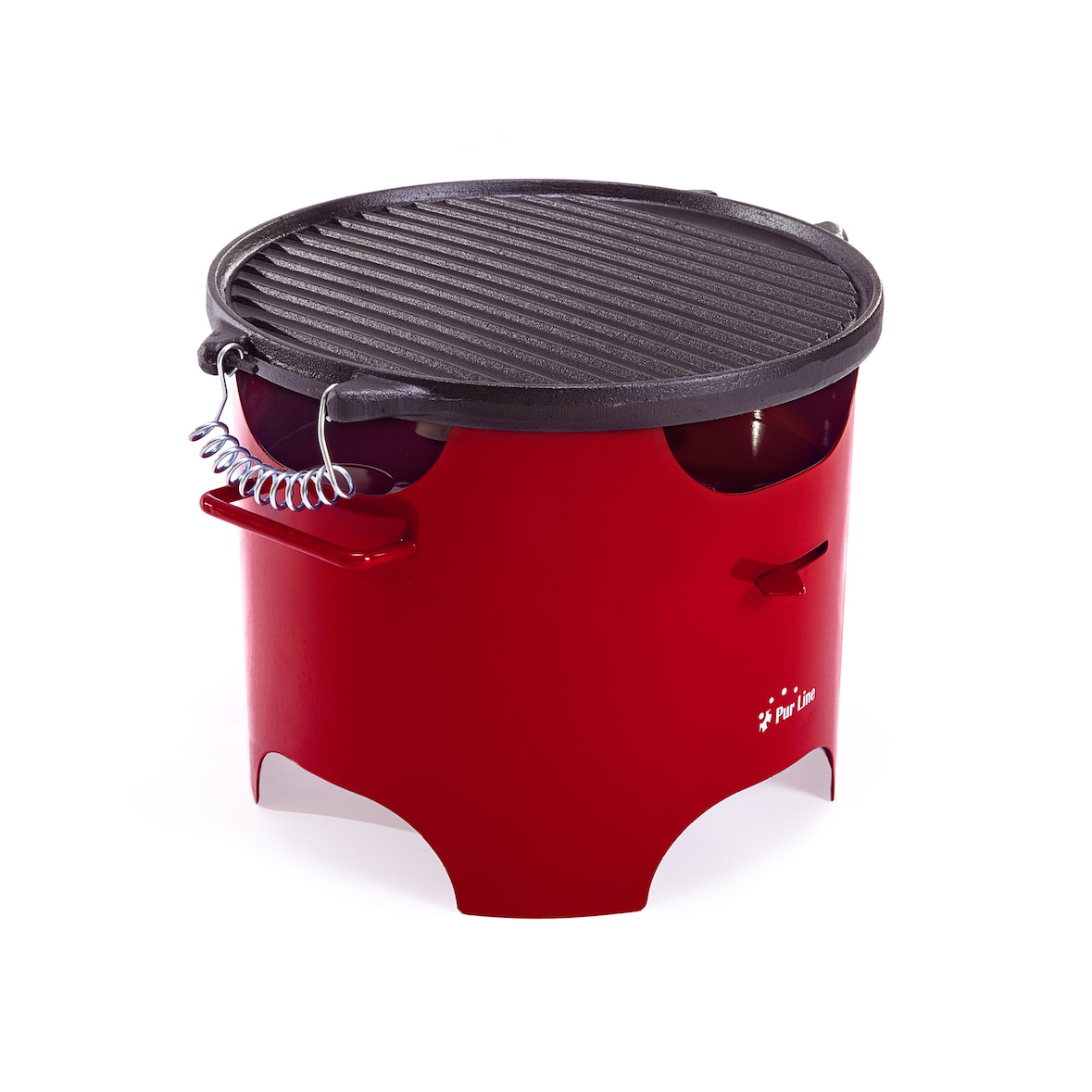 Churrasqueira a etanol 0,5L em aço vermelho e chapa redonda de ferro