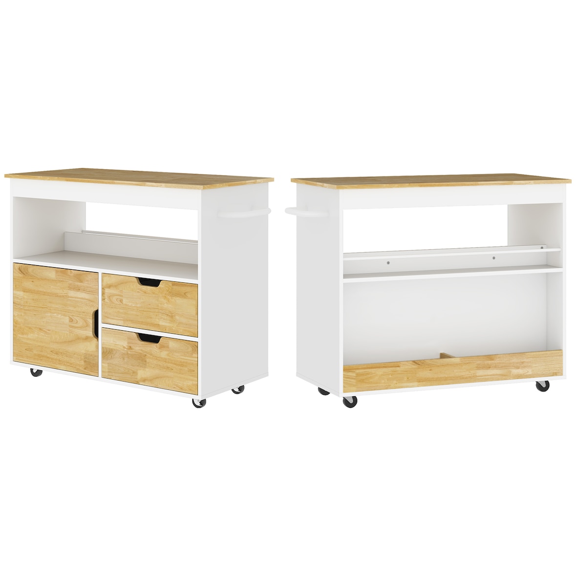 Küchenwagen Servierwagen Eiche 107x50x85 cm mit Kautschukholz Arbeitsplatte 2 Schubladen Schrank offenem Fach Rollen Soft Close