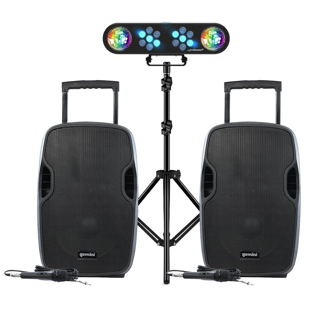 Paire d'enceinte active GEMINI AS-12TOGO Sono DJ sur batterie, 2x1500W, Bluetooth FM, Jeux de lumières Pack RAINBOW, Portique