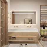thumbnail of 【RW4822-130BKK】Waschbecken Doppelspüle Spüle mit zwei Becken Waschbecken Set Spüle ohne Armaturenloch Keramik mit LED-Spiegel, Ablageplatte, Schrank