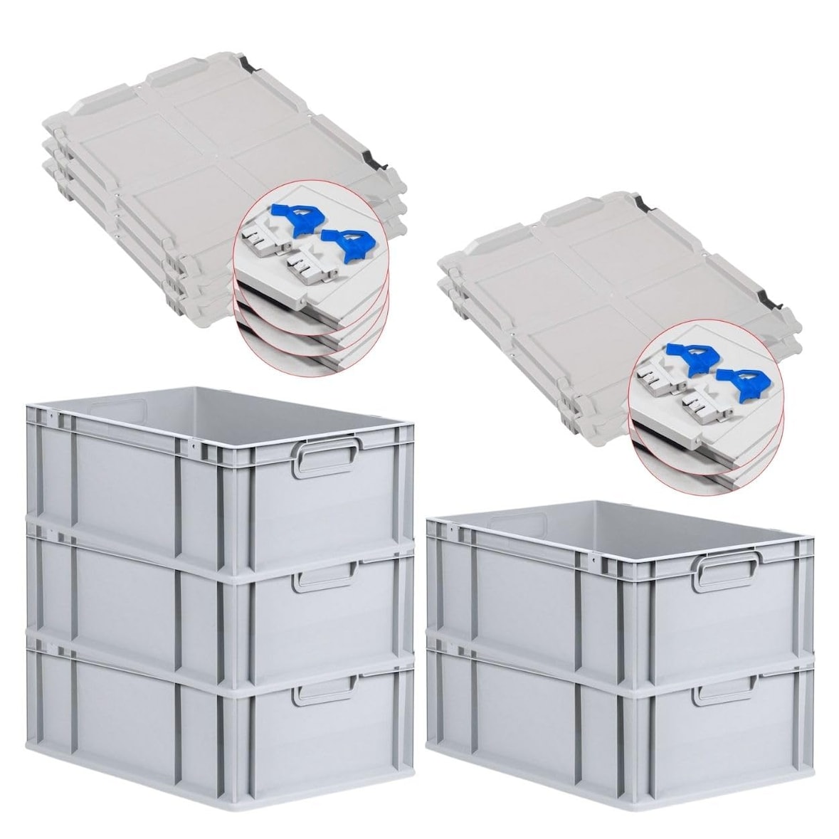 PROREGAL SuperSparSet 5x Eurobox NextGen Economy mit Scharnierdeckel & blauen Verschlüssen, Griffe zu, HxBxT 22x40x60cm, 44L, Eurobehälter, Box