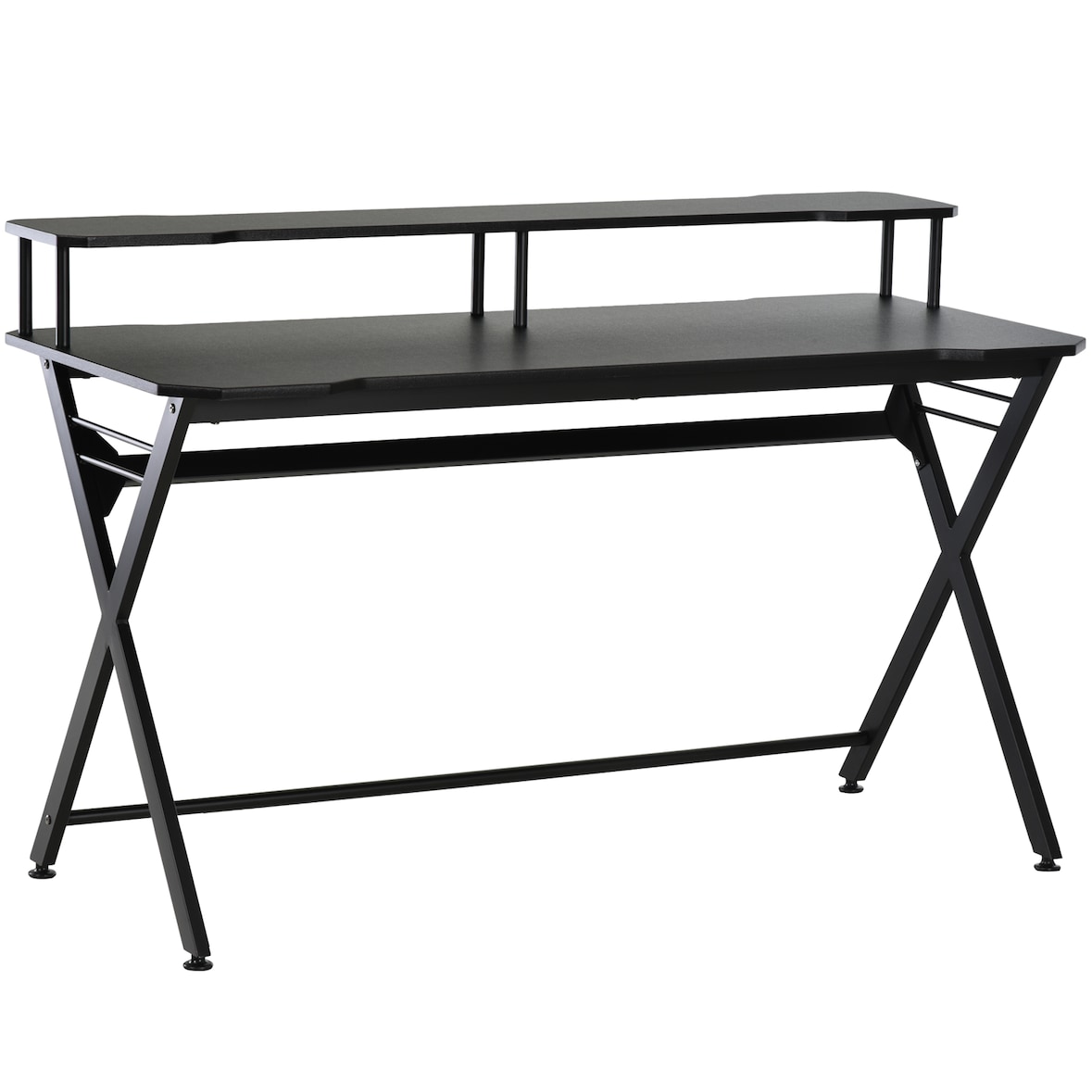 Mesa Gaming 140x60 cm Escritorio para Computadora PC con Estante Elevado para Monitor Gancho para Auriculares Marco de Metal para Oficina Estudio