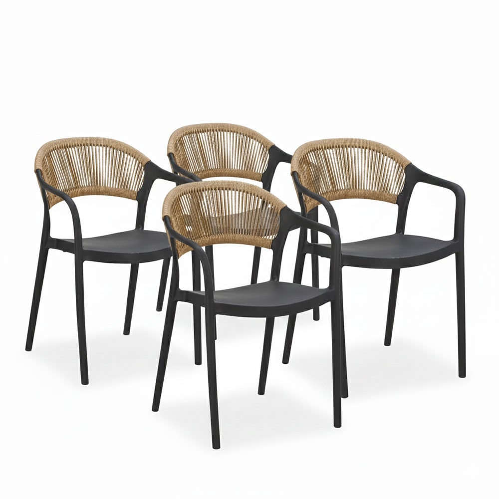 Lot de 4 chaises en polypropylène avec tissage en corde, élégantes, résistantes, empilables, pour jardin, balcon, bar, restaurants-JOLANDA-Noir