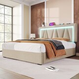 thumbnail of Merax Polsterbett LED Doppelbett mit USB Typ C Ladefunktion und LED-Beleuchtung, Leinen 140x200 (Ohne Matratze) Beige