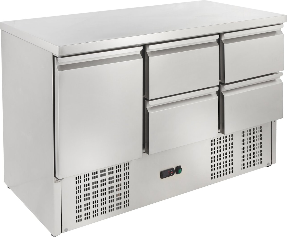 GastroHero Kühltisch Mini Edelstahl GN 1/1 1 Tür 4 Schubladen +2 °C bis +10 °C 230 V Profi Gastronomie ECO 1/4 1365x700x877 mm